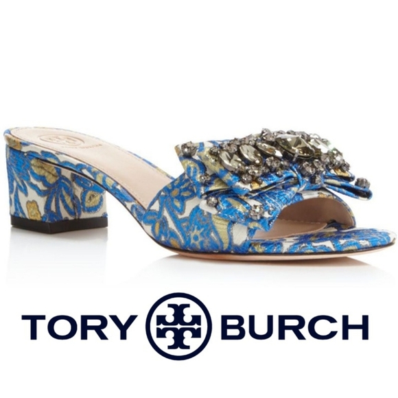 NWB NWT $373 Tory Burch Metallic Floral Valentina 45 MM Bow Barricade Sandals 7 - Picture 9 of 9